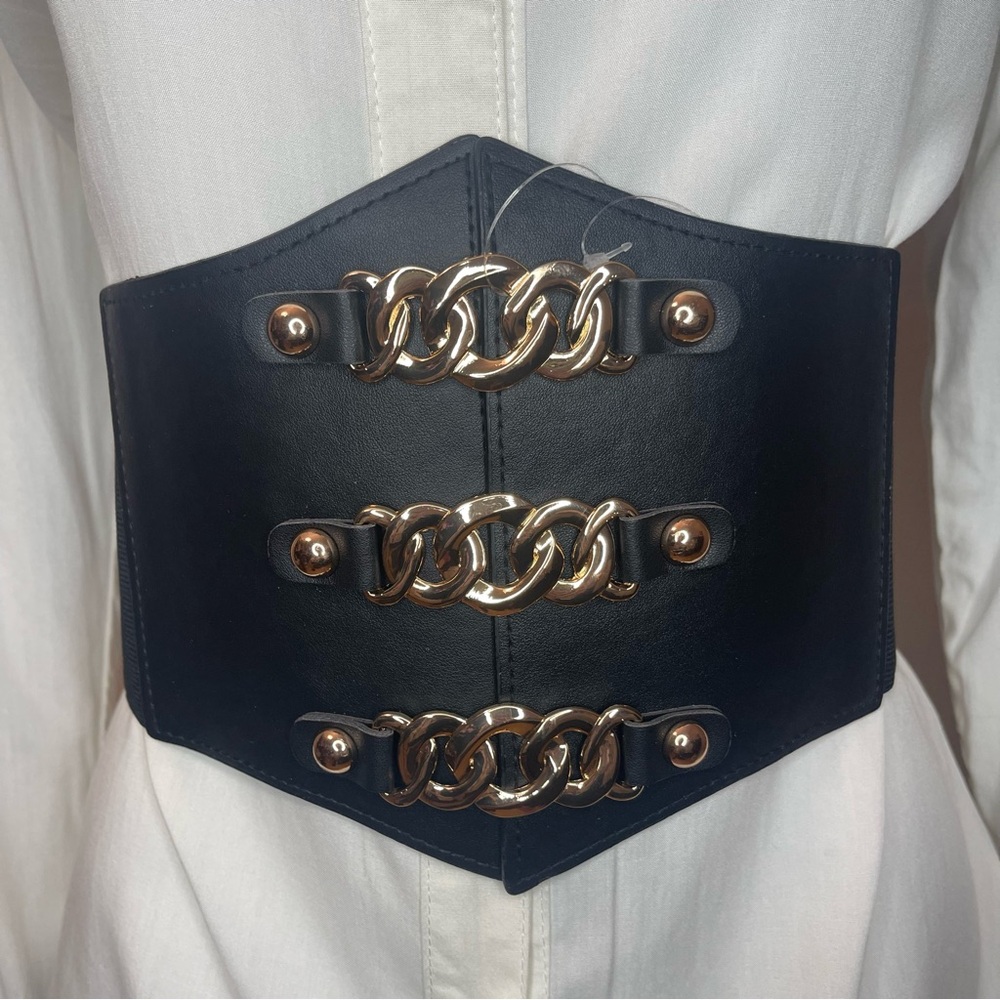 Black PU leather wide elastic waistband corset belt